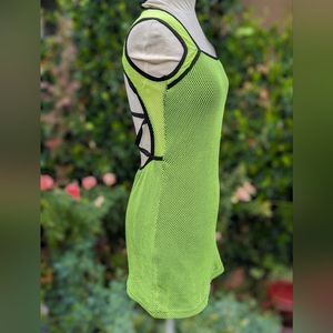 Vintage Lip Service Neon Lime Green Cyber Mesh Fishnet GoGo Mini Dress